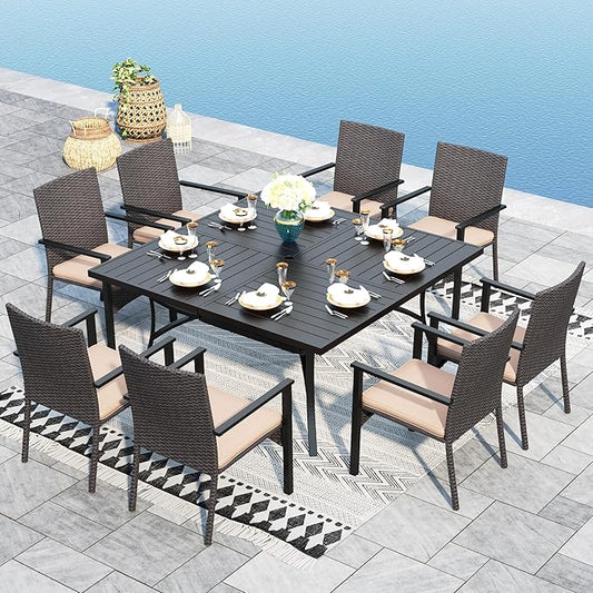 Sophia & William 9 Pieces Patio Dining Set for 8, All Weather Square Outdoor Table with Umbrella Hole, 8 Rattan Chairs with Cushions, Large Patio Table and Chairs Set for Outside, Black Tabletop