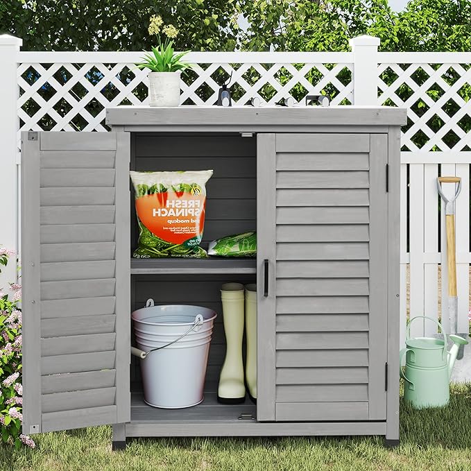 Outdoor Storage Cabinet & Potting Bench Table with Metal Top (Accent Grey, 36x31x17in)