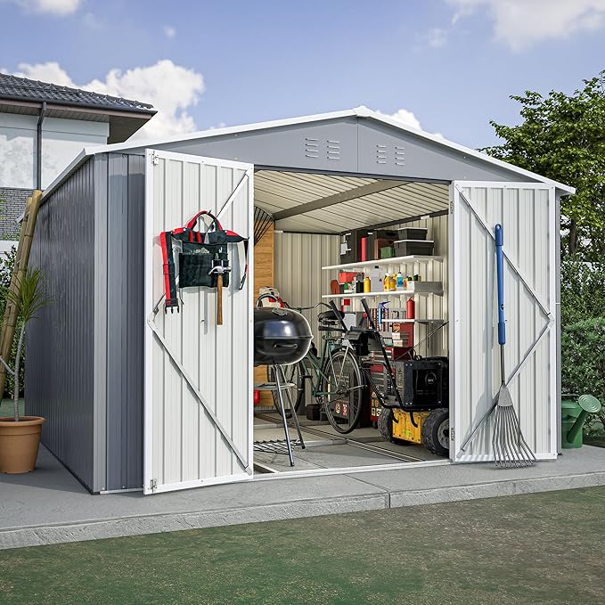 10×10 FT Outdoor Storage Shed,Metal Aluminum Waterproof Tool Sheds with Foundation,Doors & Vents,Heavy-Duty Sheds Unit W/Lock & Key,for Storing Bicycles,Lawnmowers,Barbeques,Gray
