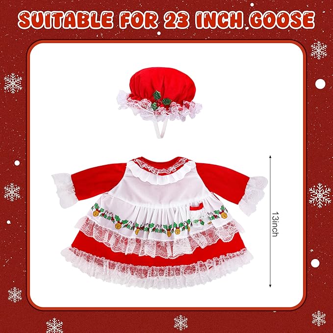 2 Pcs/Set Christmas Mrs. Claus Porch Goose Outfits, Lawn Goose Statue Mrs. Claus Costume, Red Green White Christmas Garden Goose Clothes Dress and Hat for 23" High Statue Xmas Holiday Patio Yard Decor