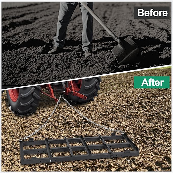 4 FT Drag Harrow Driveway Grader, Heavy Duty Power Rake, Driveway Drag for Gravel w/ 4 FT Chain, Tow Behind Lawn Rake for ATV, UTV, Tractor, Mower, Land Leveler for Gravel, Sand, Soil, Hay