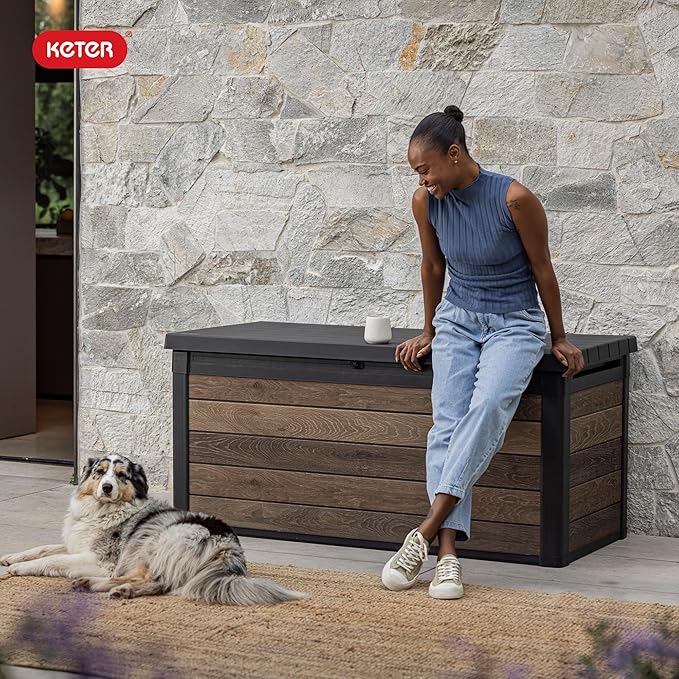Keter Signature Collection 150 Gallon Resin Deck Box Organization and Storage Box for Patio Outdoor Cushions, Throw Pillows, Garden Tools and Pool Supplies, Walnut
