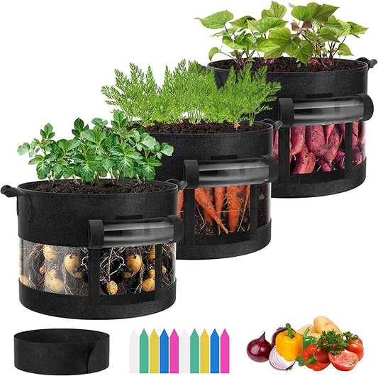 VIVOSUN 3-Pack 10 Gallon Visible Potato Grow Bags, 320G Thick Nonwoven Fabric Pots with Strap Handles, Shade Cloth & 10 Pcs Plant Labels for Flowers, Vegetables