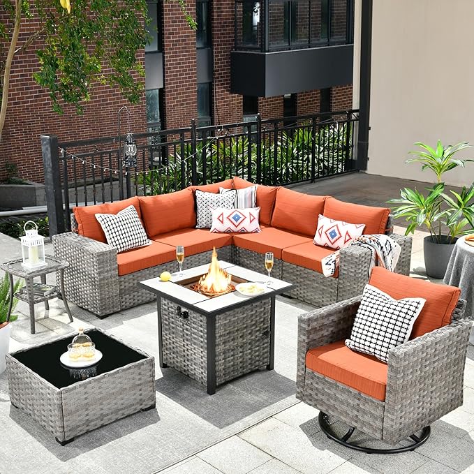 HOOOWOOO 9 Piece Modular Patio Outdoor Sectional Furniture Set with Gas Propane Fire Pit Table,Wicker Conversation Sofa Set with Swivel Chairs,Outside Couch Set(Orange Red)