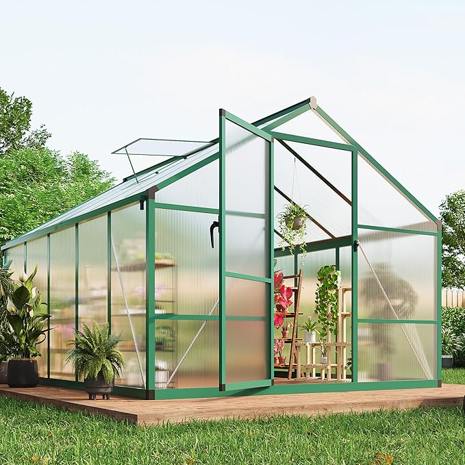 8×10 FT Greenhouse, Large Walk in Greenhouses for Outdoors and Garden Planting, Polycarbonate Greenhouse with Enhanced Aluminum Frame, Green Houses with Quick Setup Structure and Roof Vent, Green