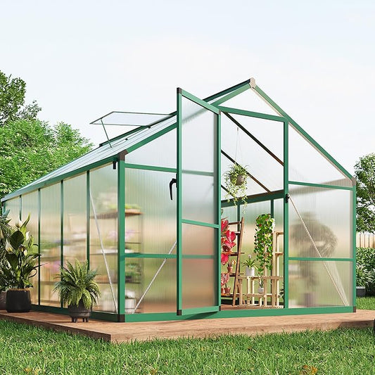 8×10 FT Greenhouse, Large Walk in Greenhouses for Outdoors and Garden Planting, Polycarbonate Greenhouse with Enhanced Aluminum Frame, Green Houses with Quick Setup Structure and Roof Vent, Green