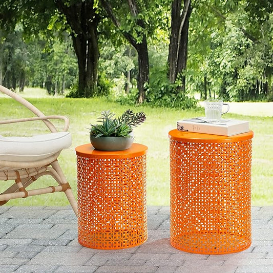 Glitzhome Outdoor Side Table Set of 2, Decorative Garden Stool for Indoor Outdoor Heavy Duty Metal Frame Accent Table Modern End Table, Glossy Orange