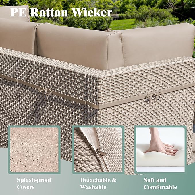 11 Pieces Patio Furniture Set, Outdoor Sectional Wicker Sofa with Thick Cushions and Storage Coffee Table, Rattan Patio Conversation Sets for Deck Garden Poolside, Khaki