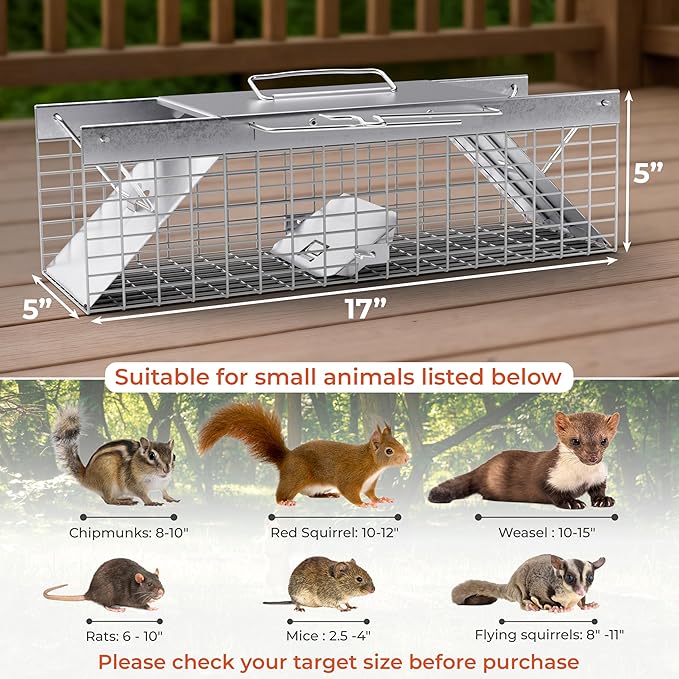 HOMESTEAD Live Rat Trap Indoor/Outside - Squirrel Trap, Have A Heart Animal for Chipmunk, Small Rabbits, Weasel and Similar-Size Rodents, 18"x5"x5", 2 Doors, Fully Assembled