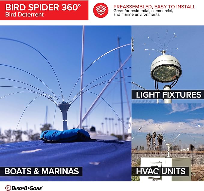 Bird B Gone - Bird Spider 360 Repellent - Deters Seagulls and Other Birds from Landing - Durable Weatherproof Design - for Boats, Docks, Roofs, Etc - Easy Installation - with PVC Base - 4ft