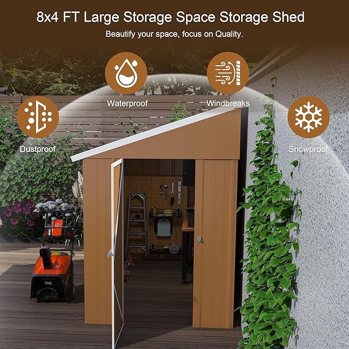 Outdoor Tool Shed 4x8 FT Heavy-Duty Metal Storage Shed with Hinged Door, Windows & Ventilation - Weather-Resistant Roof Garden Shed for Backyard, Patio, Lawn (Brown)