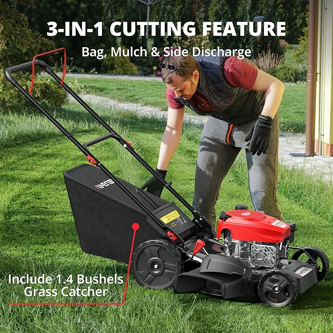 21-Inch 3-in-1 Gas Push Lawn Mower with 144cc 4-Stroke OHV Engine, 6-Position Adjustable Cutting Height, Large 1.4 Bushel Grass Catcher, Side Discharge & Mulching, Lightweight Easy Storage