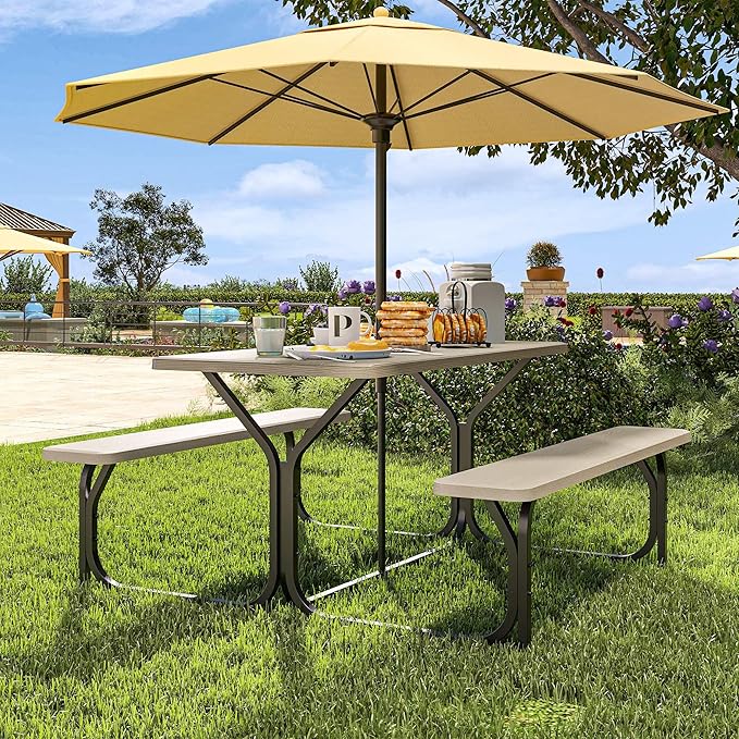 YITAHOME 6ft Outdoor Picnic Table with Wood-Like Tabletop, Sturdy Steel Frame and Umbrella Opening, Heavy Duty Picnic Table Ideal for Yard, Patio, Lawn Gatherings, Light Brown