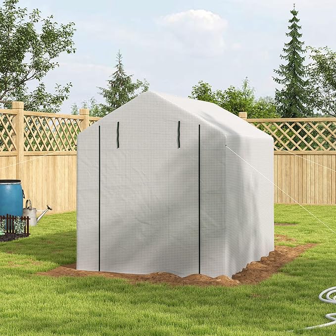 Outsunny 8' x 6' x 7' Walk-in Greenhouse, PE Cover, 4-Tier Shelves, Steel Frame Hot House, Roll-Up Zipper Door for Flowers, Vegetables, Saplings, Tropical Plants, White