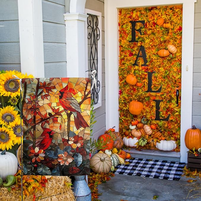 Stained Glass Cardinal Red Birds Garden Flag Spring Summer Yard Flag Fall Floral Decorative Flags for Outside 12x18 Double Sided Small Seasonal Lawn Flags Rustic Outdoor Decor