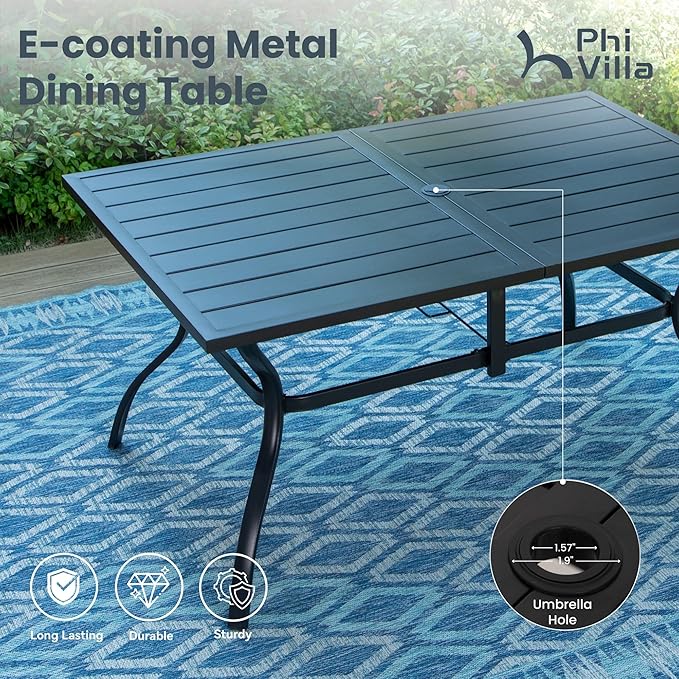 PHI VILLA 7 Piece Outdoor Patio Dining Set, Large Metal Table (1.57'' Umbrella Hole) and 6 Swivel Dining Chairs with Textilene Mesh Fabric, All Weather Patio Furniture Set for Deck Lawn Garden (Blue)