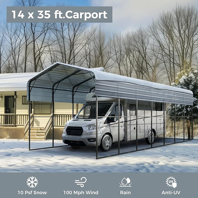GREEN PARTY 14 x 35 ft Metal RV Carport Kits with Galvanized Steel Roof, Heavy Duty 2 Car Outdoor Car-Shed Canopy, Car Tent Metal Garage Shelter for RV, SUV, Truck, Tractors and Boats, Gray