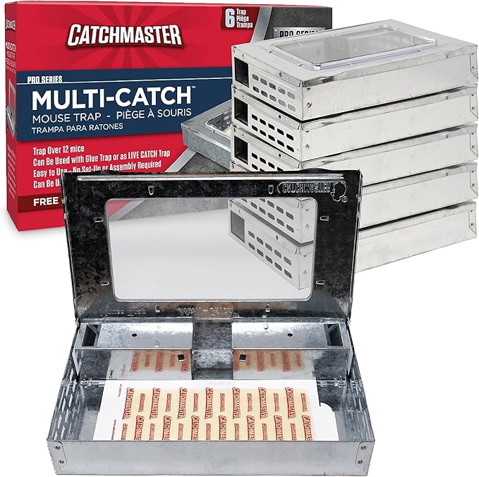 Catchmaster Pro Series Multi-Catch Mouse Trap 6-Pack, Humane Mouse Traps Indoor for Home, Includes Replaceable Glue Board, Pet Safe Pest Control, Live Catch for Garage & Shed