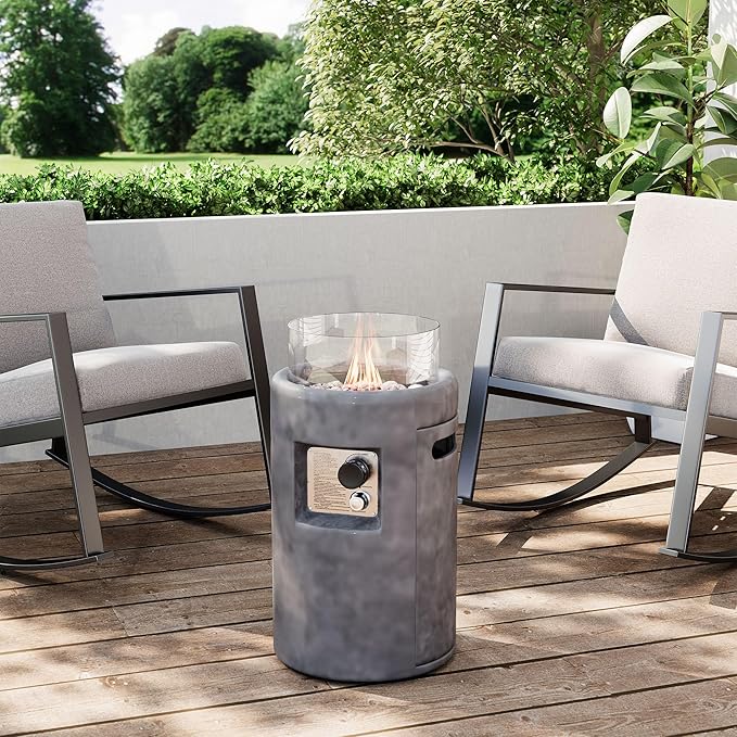 SUNBURY Outdoor Propane Fire Pit, Stone Like Fire Pit Table with Glass Wind Guard, Waterproof Cover, 40000BTUS Small Column Firepit Garden Lighting, CSA Certified (Grey)