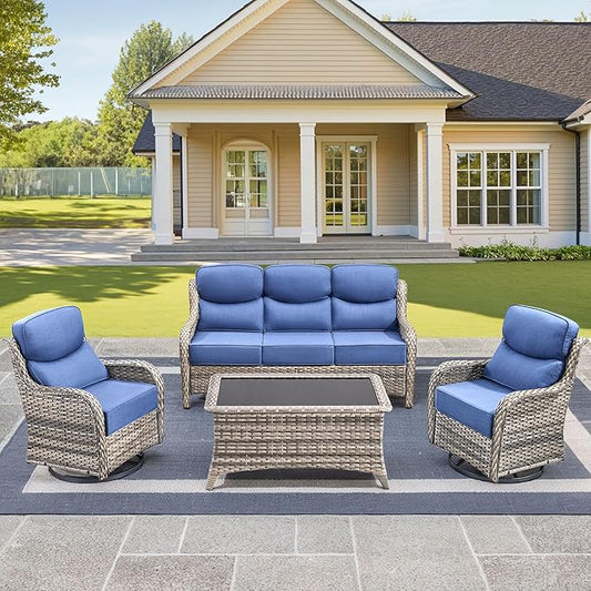 Luxury High Back Outdoor Furniture with 6-Inch Thick Cushions, Patio Furniture Set with Swivel Chairs, 4 PCS Wicker Conversation Set for Porch, Balcony, Deck and Yard