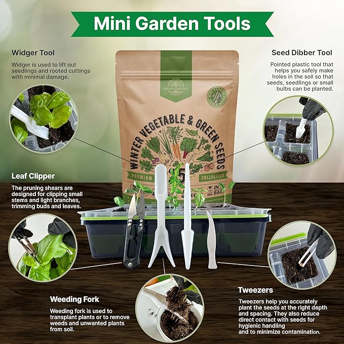 Organo Republic 25 Winter Vegetable & Green Seeds Variety Pack for Outdoors & Indoor Home Gardening 27670+ Non-GMO Heirloom Seeds: Broccoli Beet Carrot Collard Lettuce Radish Spinach Pea Kohlrabi