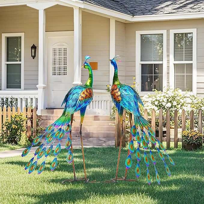 32" Metal Peacock Yard Decor - Handmade Oversize Peacock Sculptures with Stable Ground Stakes, Backyard Decoration, Metal Garden Art.