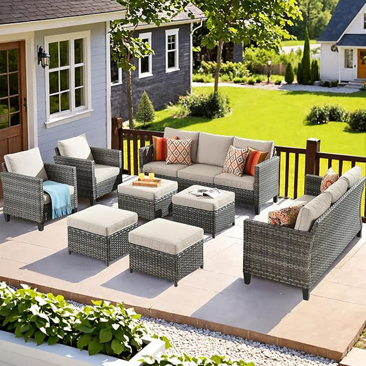 ovios Patio Furniture Set, 8 Pieces Outdoor Wicker Sofa Couch with Chairs, Ottomans and Comfy Cushions, All Weather High Back Rattan Conversation Set, Beige