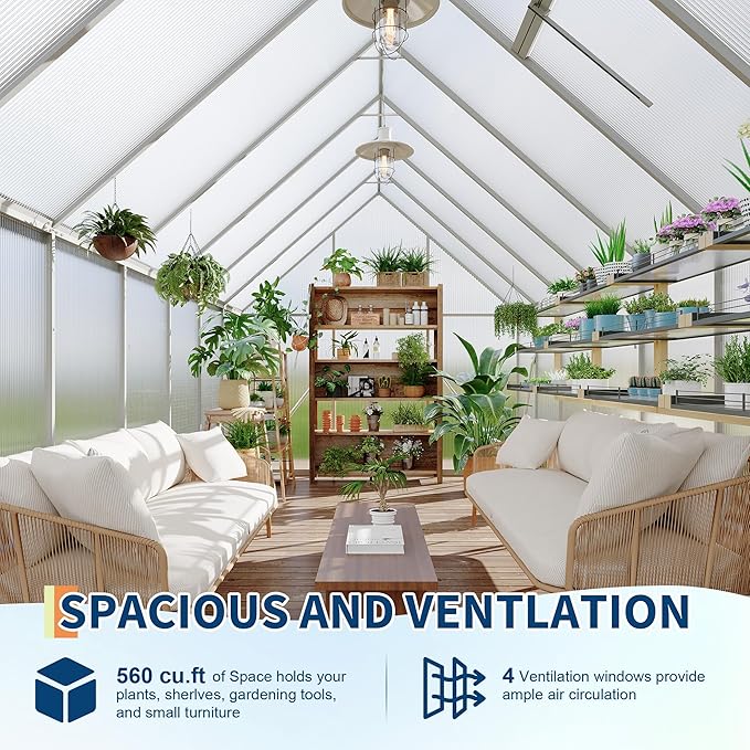 8'X14' Aluminum-Framed Polycarbonate Greenhouse, Heavy Duty Polycarbonate Greenhouse with Quick Setup Structure and Roof Vent, Large Enhanced Aluminum Greenhouses Kit for Outdoors