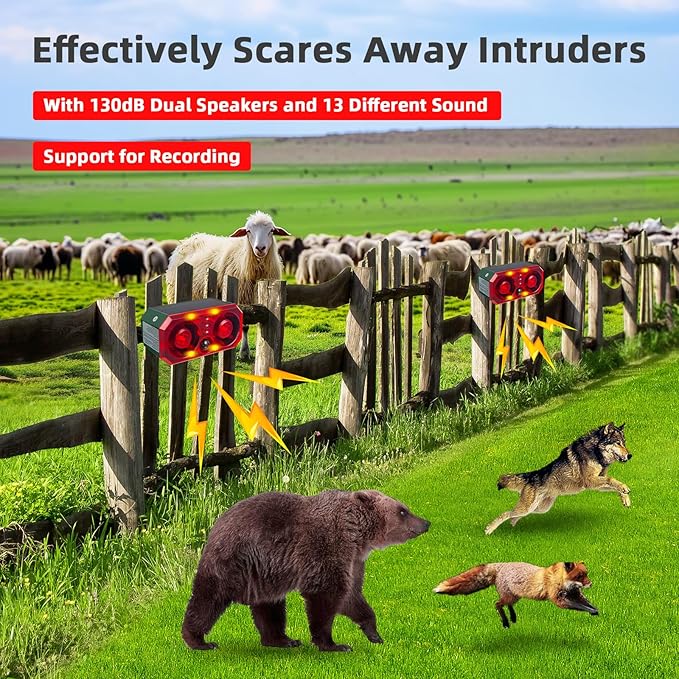 Solar Outdoor Cat Deterrent for Yard - Customizable Recording, Adjustable Volume, Multiple Modes, Ultrasonic Cat Deterrent for Farm, Pond, and Orchard Security with USB Charging and Remote Control