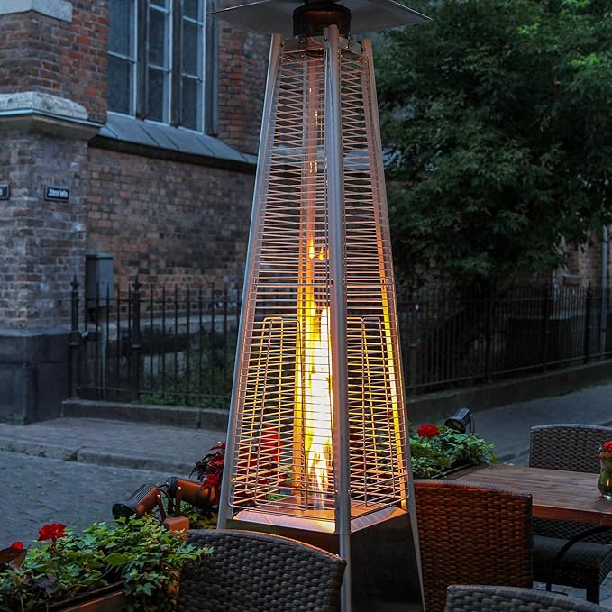 Nuu Garden 48,000 BTU Pyramid Patio Heater, Outdoor Propane with Quartz Glass Tube and Wheels, Hammered Bronze Tower for Terrace and Garden, Black