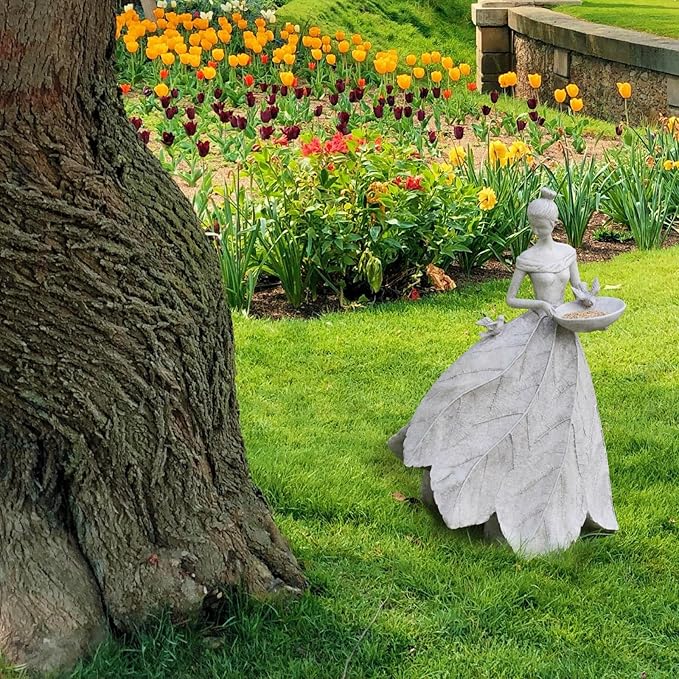 Fairy Garden Statue Bird Feeder - 23-inch Large Sculpture for Outdoors Statues Bird-Bath Yard Decorations Fairy Garden Statue Grey White DiliComing
