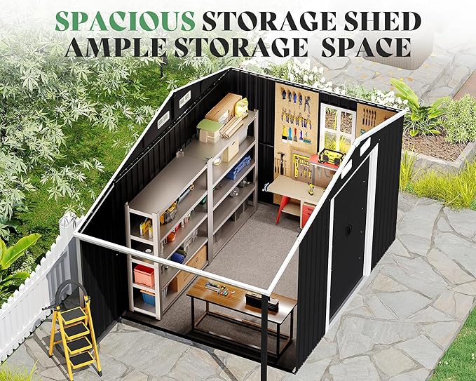 Jocisland 10.6x6.8x6.3 FT Outdoor Storage Shed with Sliding Doors, Two 4-Pane Windows, Open Design Outdoor Shed for Wood Storage, Dark Grey/White