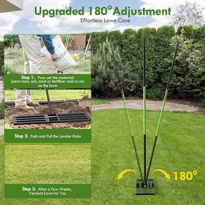 Seeutek Lawn Leveling Rake, 45” x 10” Lawn Leveler with 6.5FT Durable Handle Rakes for Lawns, 0-180° Adjustable Ground Leveler Tool for Yard, Level Soil Sand Dirt Surfaces