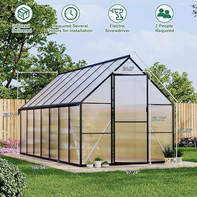 8'x14' Aluminum-Framed Polycarbonate Greenhouse, Heavy Duty Polycarbonate Greenhouse With Quick Setup Structure and Roof Vent, Large Enhanced Aluminum GreenhouseKit for Outdoors