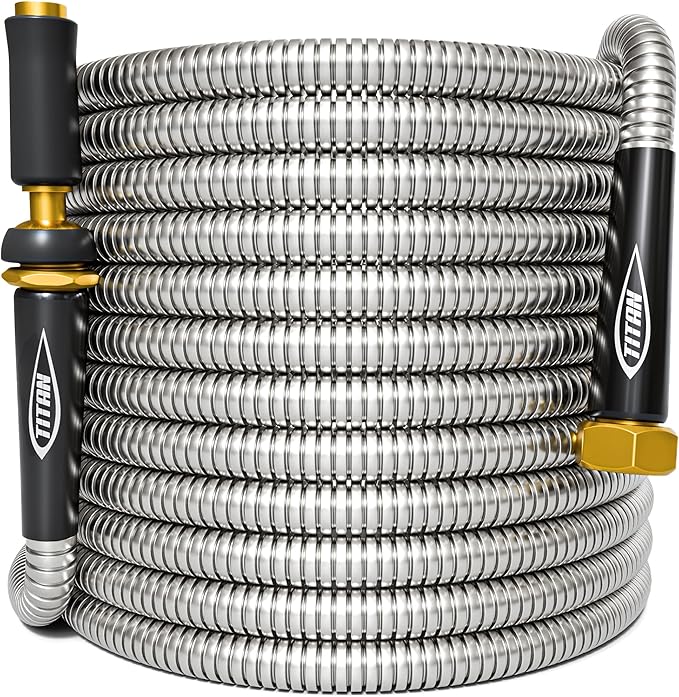 TITAN Garden Hose 75FT - 304 Stainless Steel Metal Water Hose, Flexible, Kink-Free, Lightweight, Durable, Crush Resistant Fittings, Easy to Coil, 500 PSI