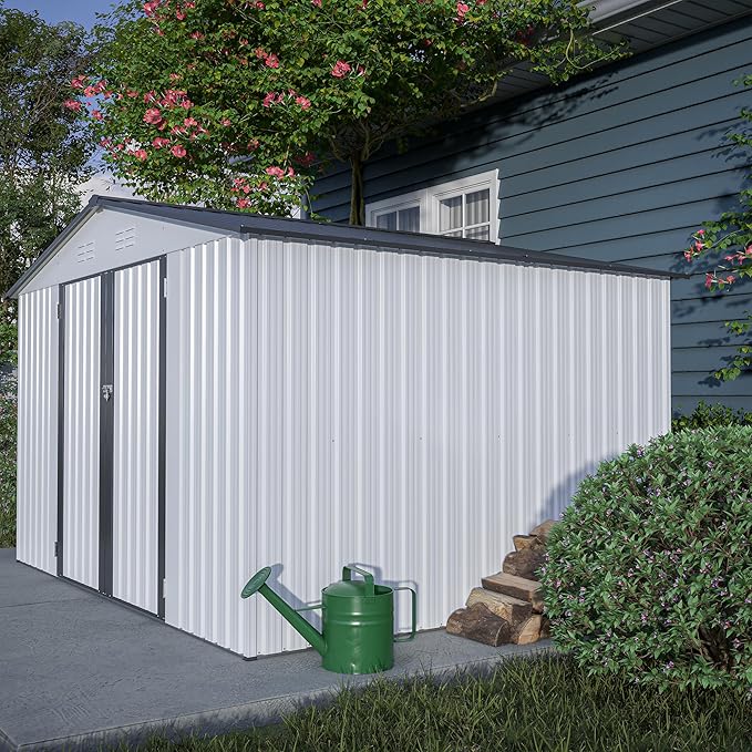 Outdoor Storage Shed, 10X8 FT Galvanized Steel Metal Shed, Lockable Waterproof Tool Storage Sheds for Garden, Patio, Lawn – Durable Storage Solution in Multiple Sizes
