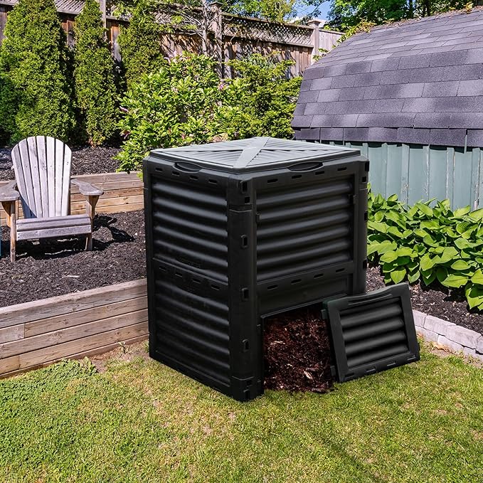 Goplus Compost Bin, 80 Gallon (300 L) Large Outdoor Composting Box w/Top Flip Latch-on Lid, Bottom Exit Door, BPA Free Material, Grass Food Trash Composter Barrel for Garden Yard (Black)