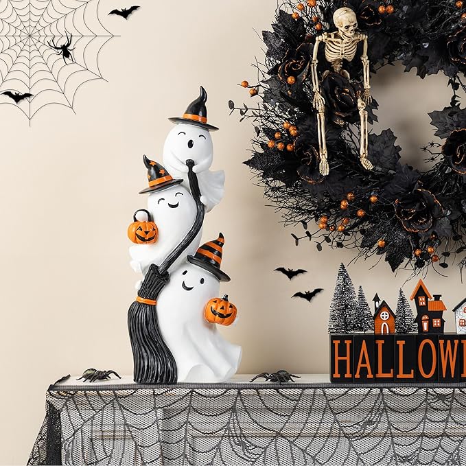 Glitzhome Halloween Front Porch Decor, 21.75" H Resin Stacked Ghost Standing Sign for Indoor Patio Party Decorations