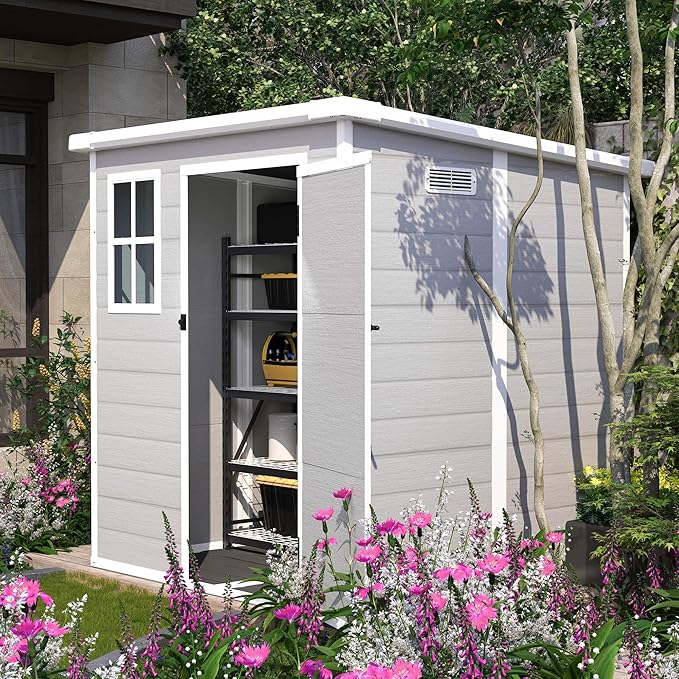 6x6 FT Storage Shed Garden House with Lockable Doors and Vents Waterproof Resin Outdoor Tool Cabinet W/Floor & Window,for Bicycles,Lawnmowers,Lawn,All Weather Use,Gray