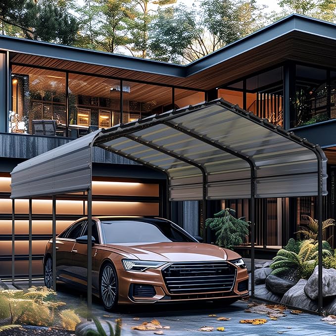 GREEN PARTY 10 x 15 ft Metal Carport Kits with Galvanized Steel Roof, Heavy Duty Metal Carport Canopy, Outdoor Car Tent Metal Garage Shelter for Car, SUV, Truck and Boats, Grey