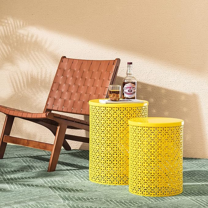 Glitzhome Outdoor Side Table Set of 2, Decorative Garden Stool for Indoor Outdoor Heavy Duty Metal Frame Accent Table Modern End Table, Glossy Yellow