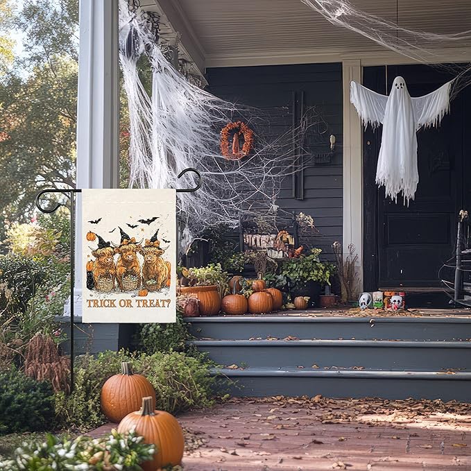 Trick or Treat Halloween Garden Flag for Outside, 12x18 Inch Double Sided Halloween Highland Cow Pumpkin Yard Flag, Farmhouse Small Yard Flags for Outdoor Decorations, Holiday Decor Gifts-A09