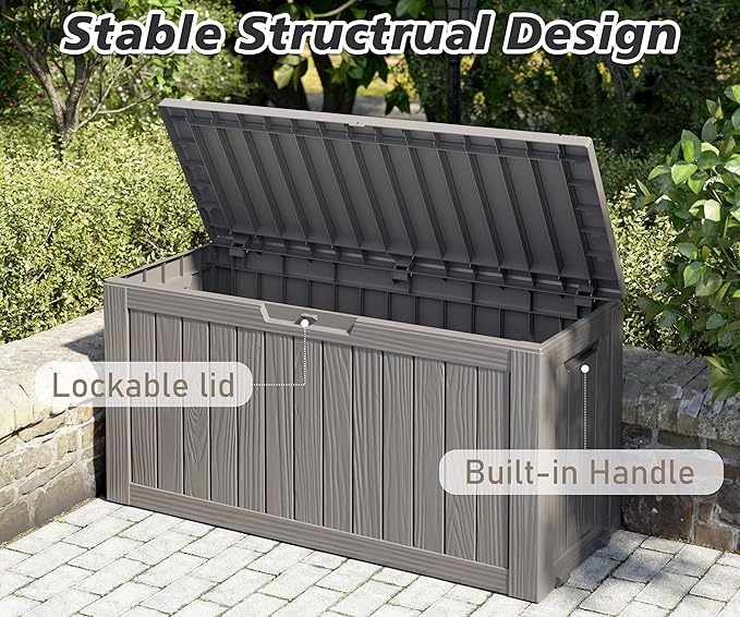 NUNU LAB 75 Gallon Outdoor Storage Box,Deck Box Resin Large Sturdy, Backyard Outside Storage Box Waterproof with Double Wall Panels,Package Delivery Garden Outdoor Hose Storage Bin,Tool