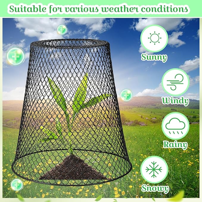 Therwen 15 Pcs Large Chicken Wire Cloche Plant Protector Cover 11x12 Inch Metal Garden Cloche Dome for Plants Wire Protection Basket with Garden Stakes Plant Cages from Animals (Black)