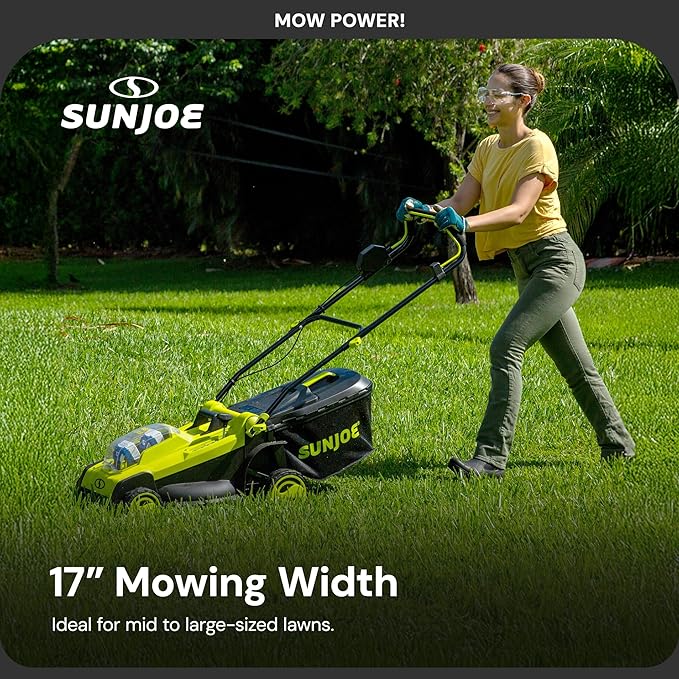 Sun Joe 24 Volt 17 Inch Mulching Walk Behind Lawn Mower with 11 Gallon Grass Catcher, 6 Position Height Adjustment, Battery and Charger, 24V-X2-17LM