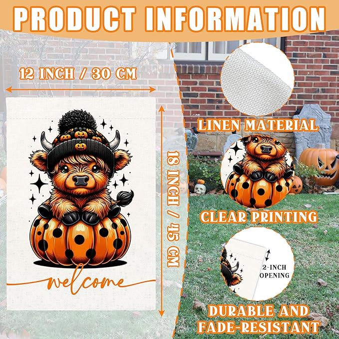 Welcome Halloween Garden Flag for Outside, 12x18 Inch Double Sided Halloween Pumpkin Highland Cow Yard Flag, Farmhouse Small Yard Flags for Outdoor Decorations, Holiday Decor Gifts-A02