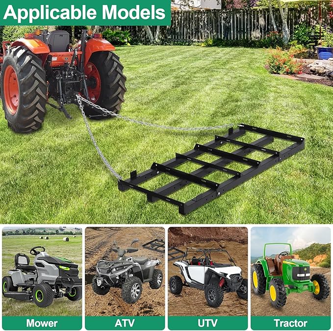 4 FT Drag Harrow Driveway Grader, Heavy Duty Power Rake, Driveway Drag for Gravel w/ 4 FT Chain, Tow Behind Lawn Rake for ATV, UTV, Tractor, Mower, Land Leveler for Gravel, Sand, Soil, Hay