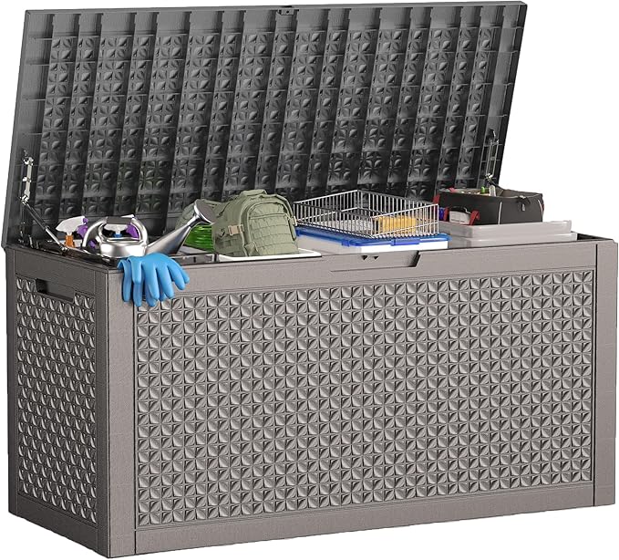 ROJIK Outdoor Storage Housing Deck Box - Waterproof Patio Furniture, Garden Tools, Cushions, Pool Accessories Storage Bench with Lockable Lid and Side Handles (Grey pattern,100 Gal)