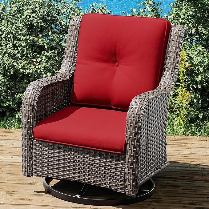 Joyside Outdoor Swivel Rocker Patio Chair - Outdoor Wicker Glider Rocking Chair with Olefin Fabric Cushions Suitable for Porch Deck and Backyard(Mixed Grey/Red)