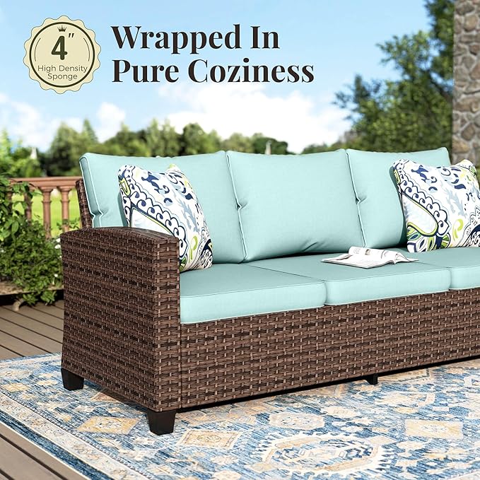 Patio Furniture Set, 8 Pcs Wicker Rattan Outdoor Conversation Set, 4 x Leg Chairs, 1 x 3 Seater Sofa and 2 x Ottoman with 4" Thick Cushion and 32" Fire Pit Table, Blue